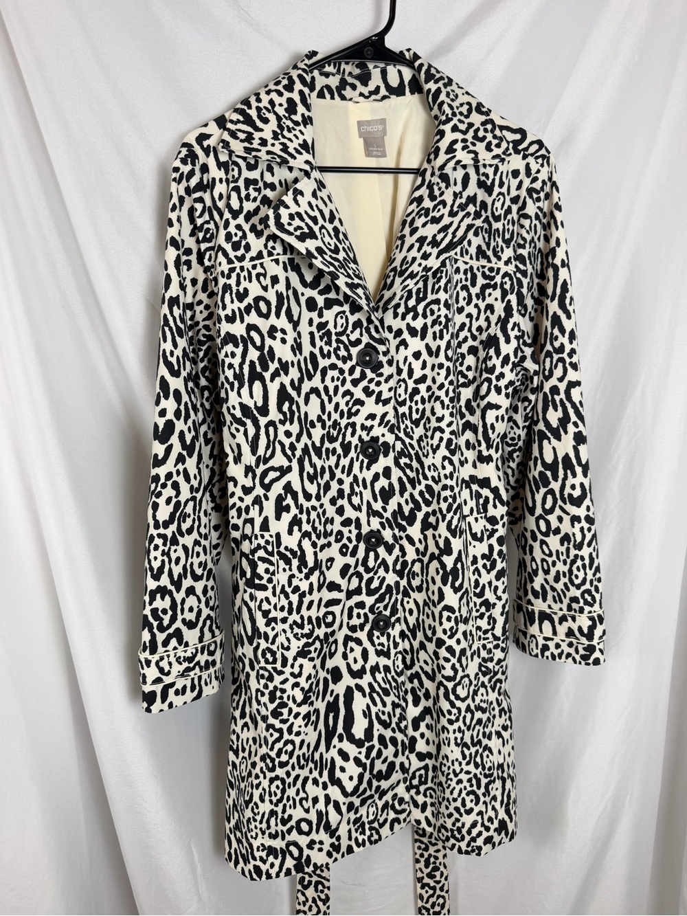 Chico's Black and Cream Leopard Print Trench Coat Size 16/18 - Picture 3 of 9